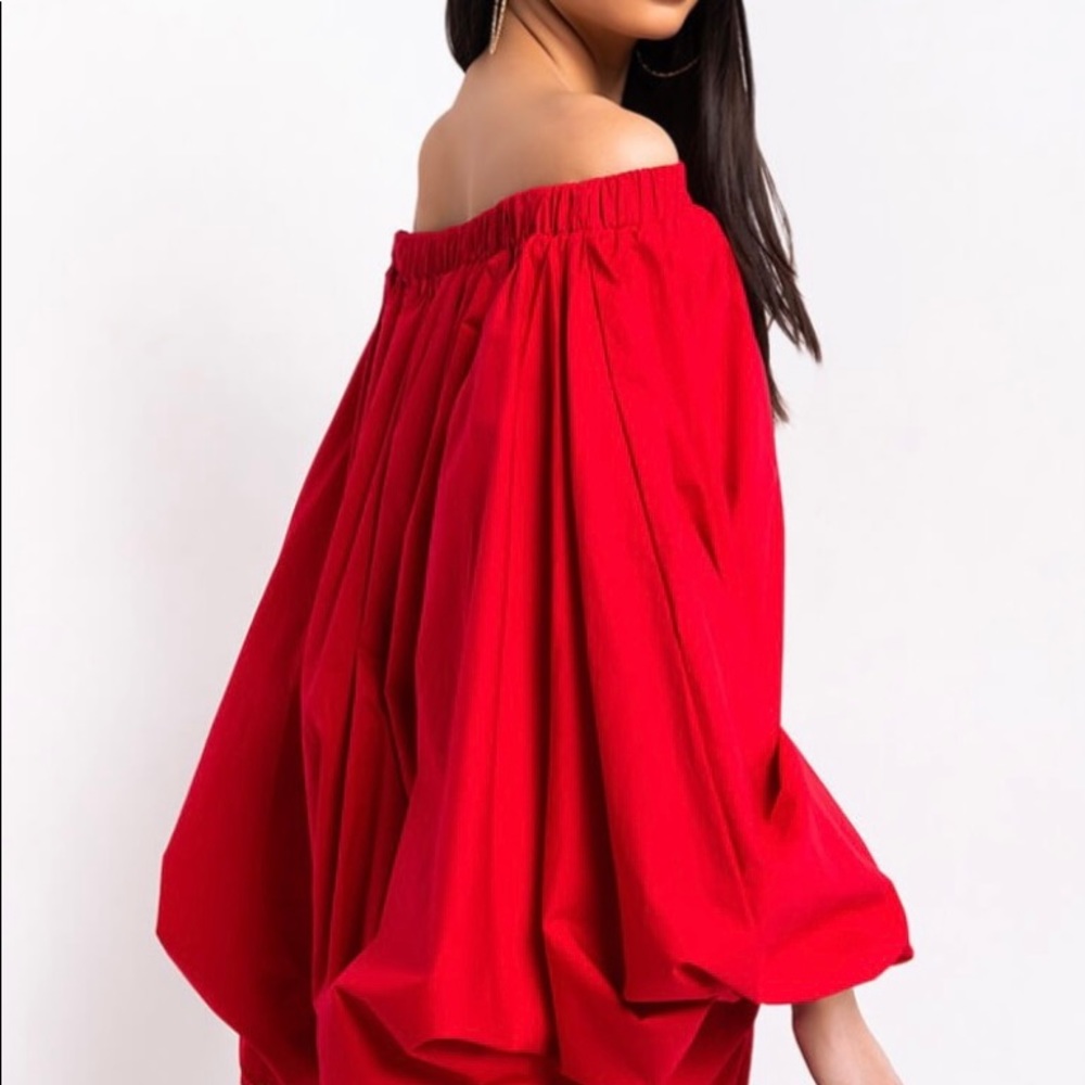 Off-Shoulder Red Balloon Sleeve Mini Dress - Picture 5 of 6